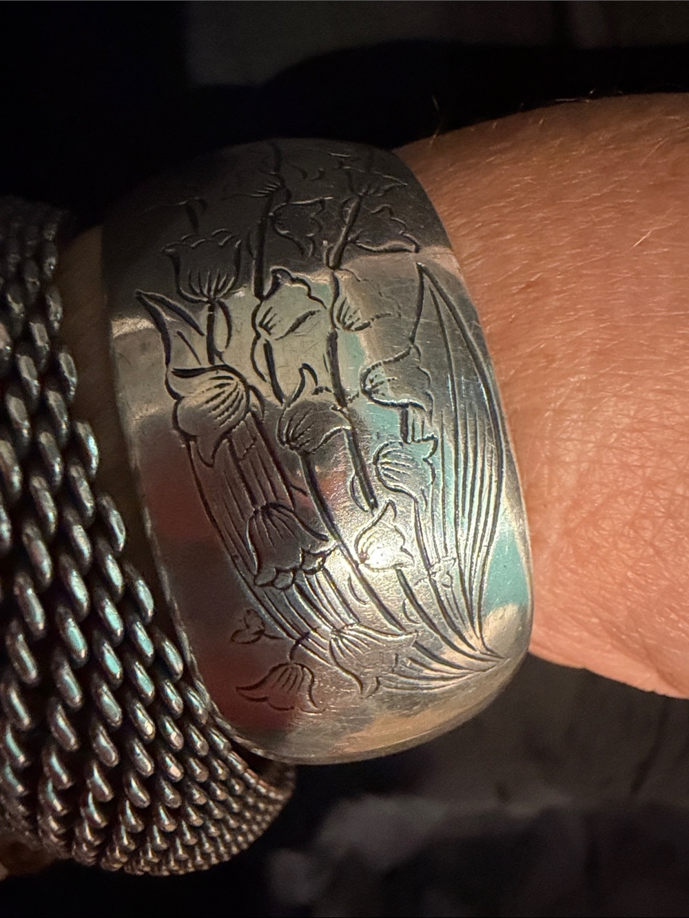 S. Kirk & Son Sterling Silver - Lily of the Valley Engraved Cuff Bracelet -SZ 7” - Picture 8 of 11